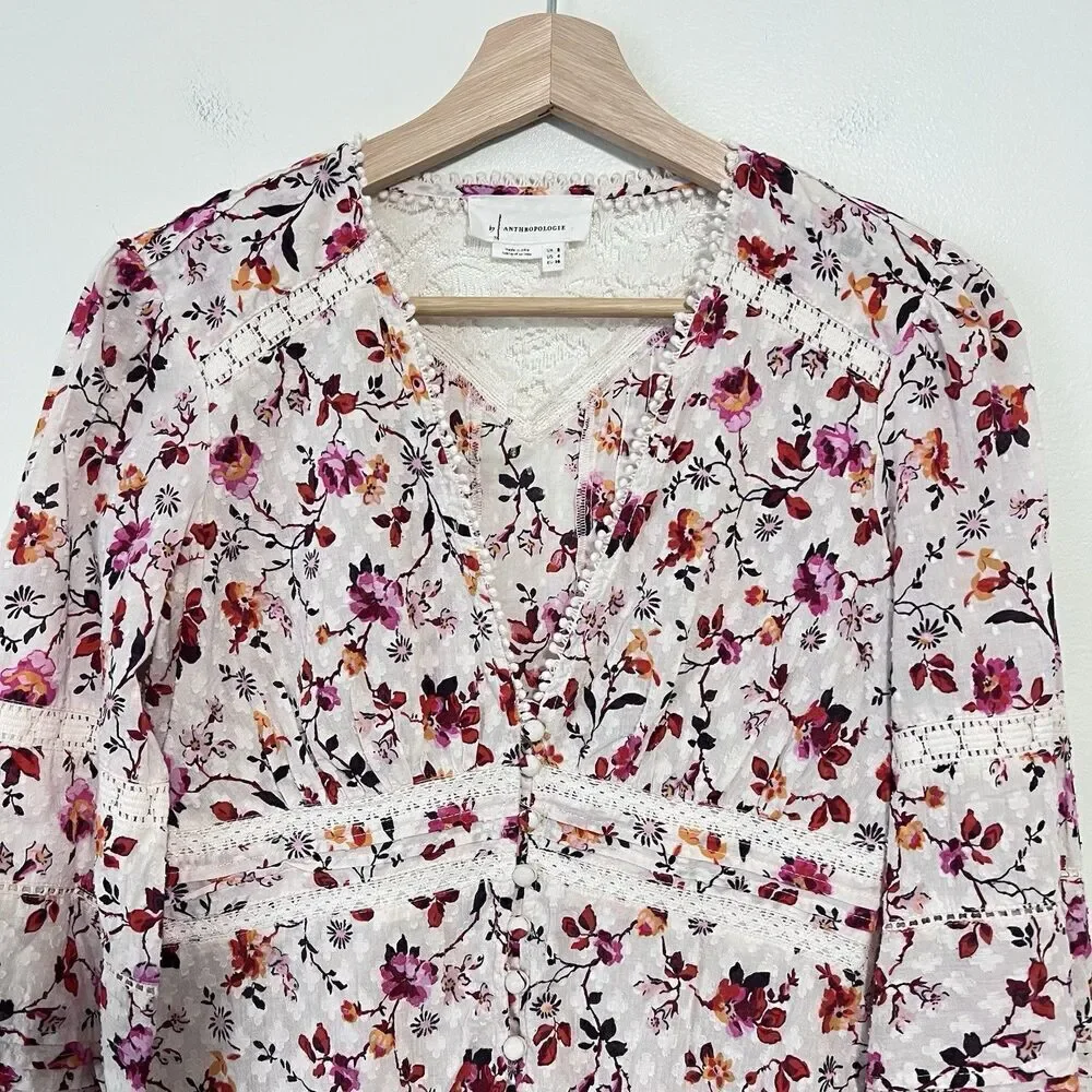 Anthropologie Puff Sleeve Floral Lace Trim Buttondown Blouse Top Size 4 Cottage